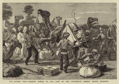 La guerra afgana, cargando camellos en el campamento de la Decimonovena Infantería Nativa de Bombay de John Charles Dollman